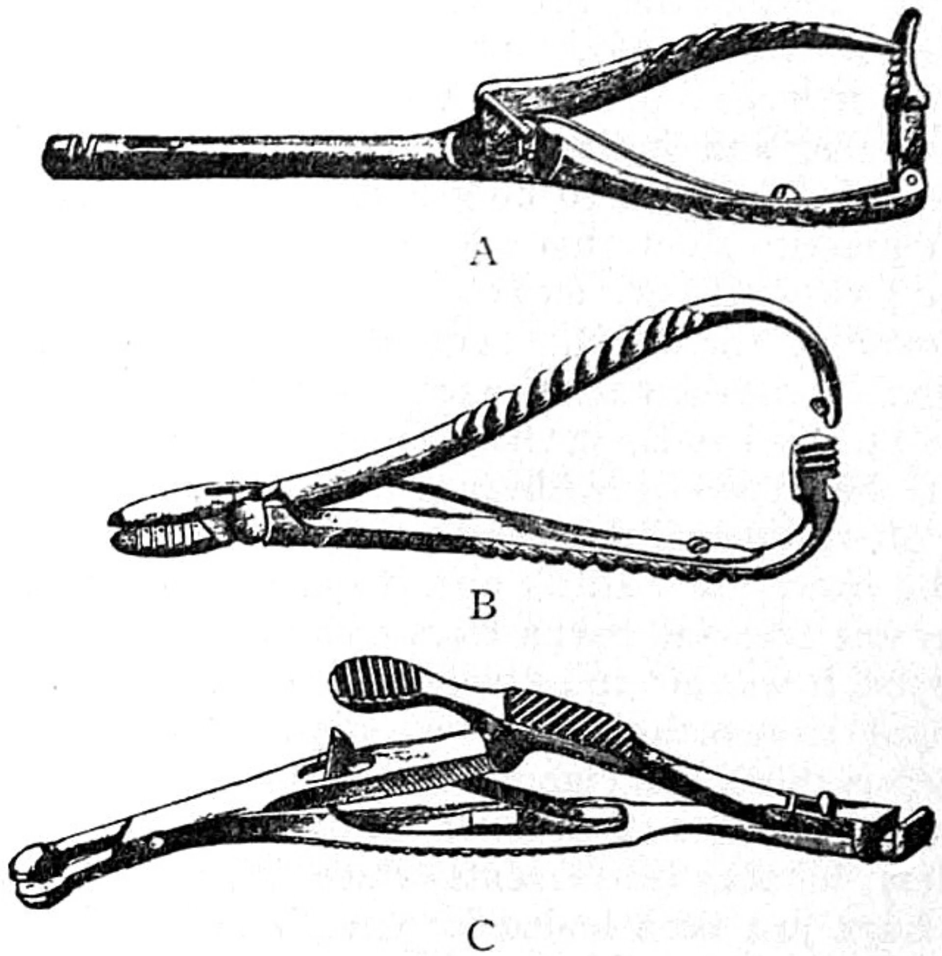 Encyclopaedia Britannica 1911 plate illustrating multiple historical needle-holder designs used for surgical suturing