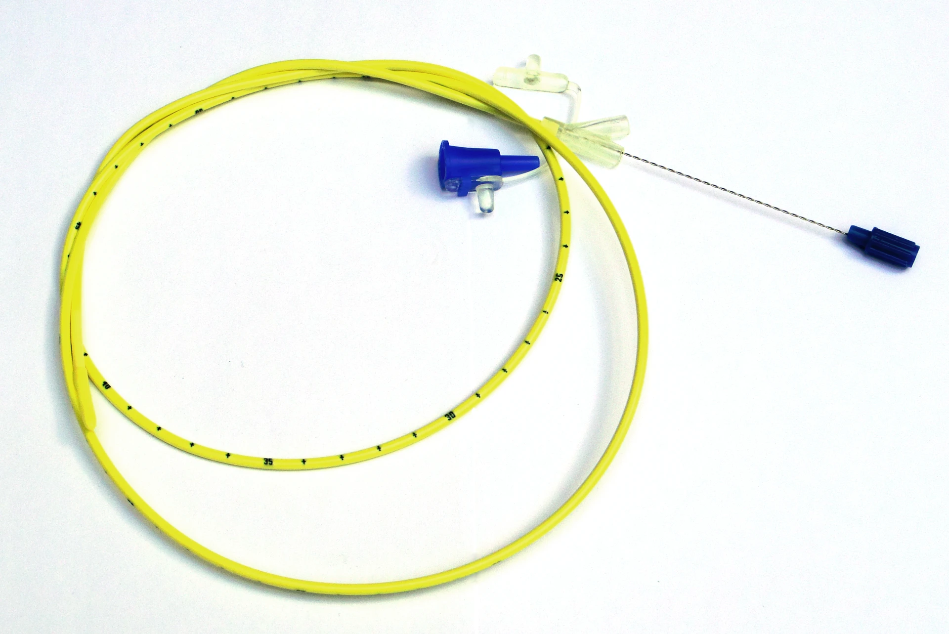 Small-bore weighted enteral feeding tube — full-length product view with weighted tip and stylet seated