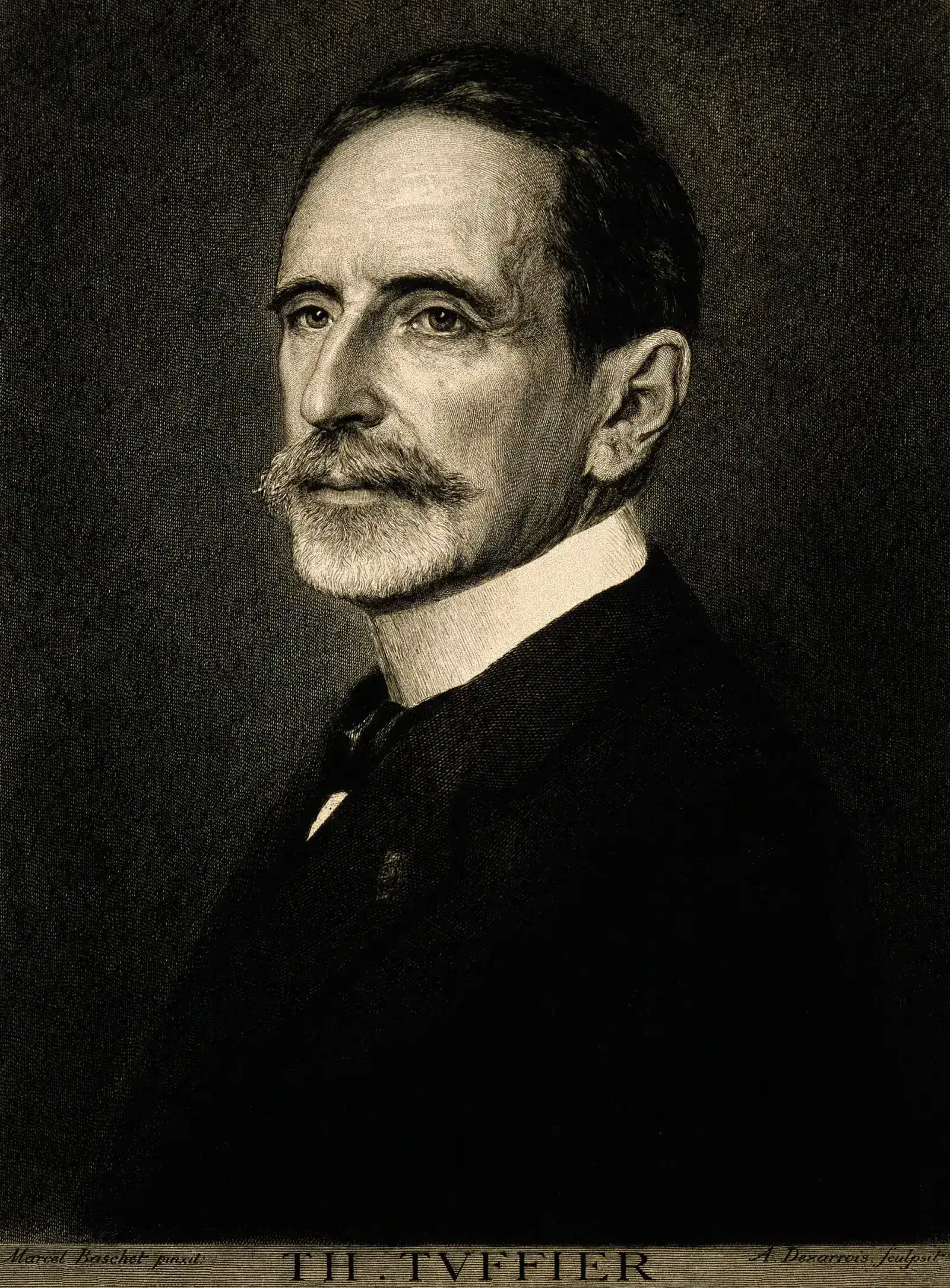 Etching portrait of French surgeon Théodore Tuffier by A. F. Dezarrois — biographical inset for the eponymous intercristal line
